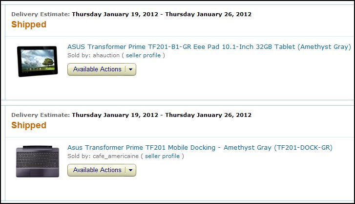 Transformer Prime was bought on Amazon